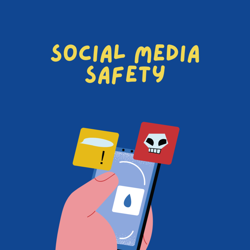 social media safety with a cartoon hand using a phone